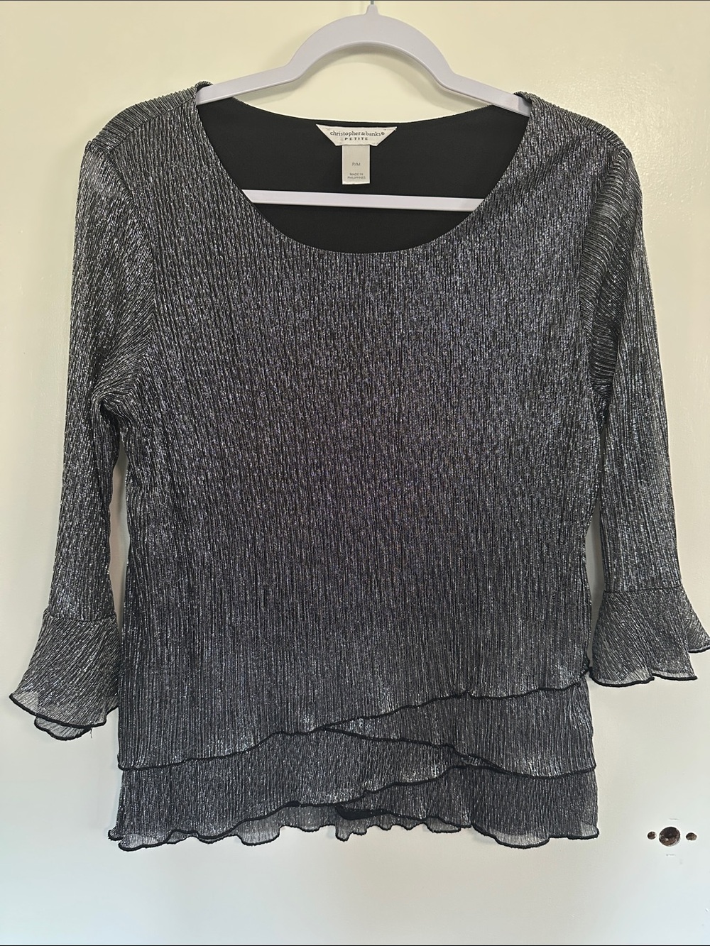 Christopher & Banks Petite Silver Shimmer Layered Ruffle Long Sleeve Top P/M